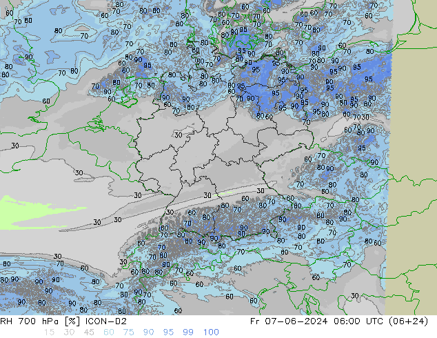 RH 700 hPa ICON-D2 星期五 07.06.2024 06 UTC