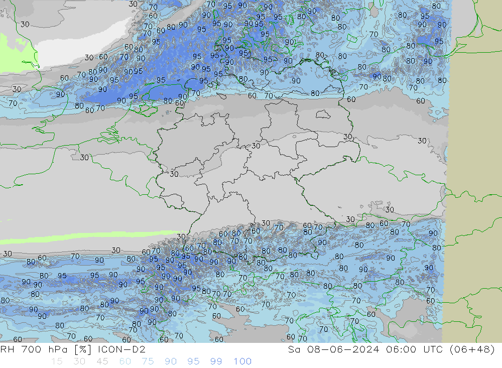 Humedad rel. 700hPa ICON-D2 sáb 08.06.2024 06 UTC