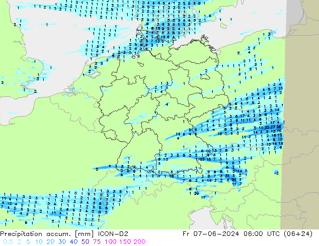 Precipitation accum. ICON-D2 Fr 07.06.2024 06 UTC