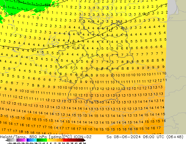 Yükseklik/Sıc. 850 hPa ICON-D2 Cts 08.06.2024 06 UTC