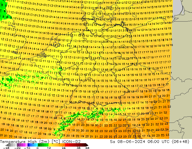 Max.temperatuur (2m) ICON-D2 za 08.06.2024 06 UTC