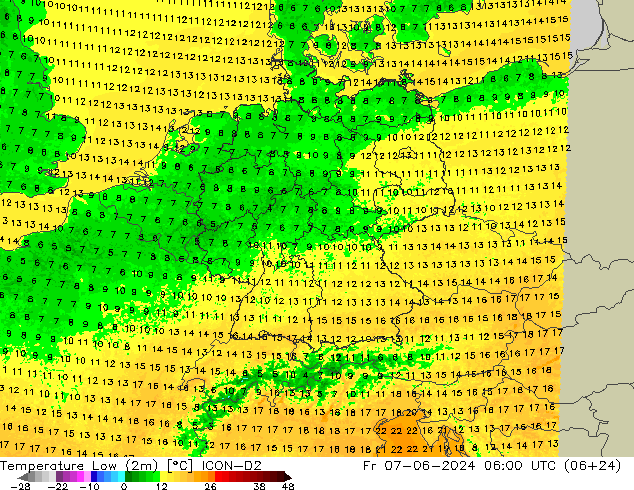 Temperature Low (2m) ICON-D2 Fr 07.06.2024 06 UTC