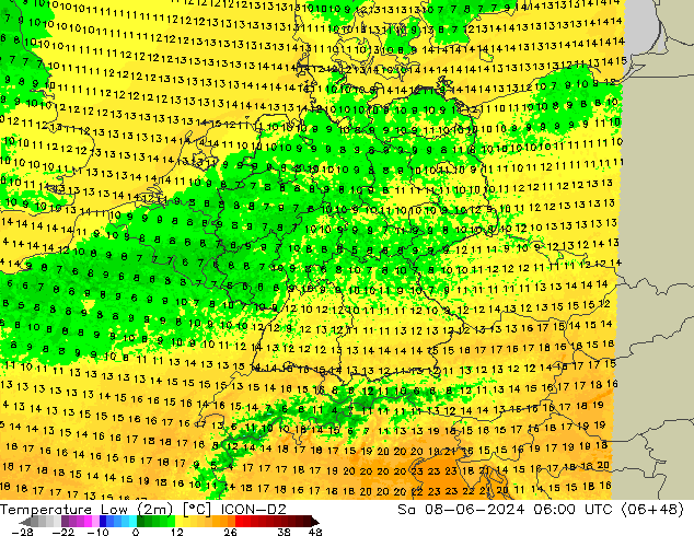 Min.temperatuur (2m) ICON-D2 za 08.06.2024 06 UTC