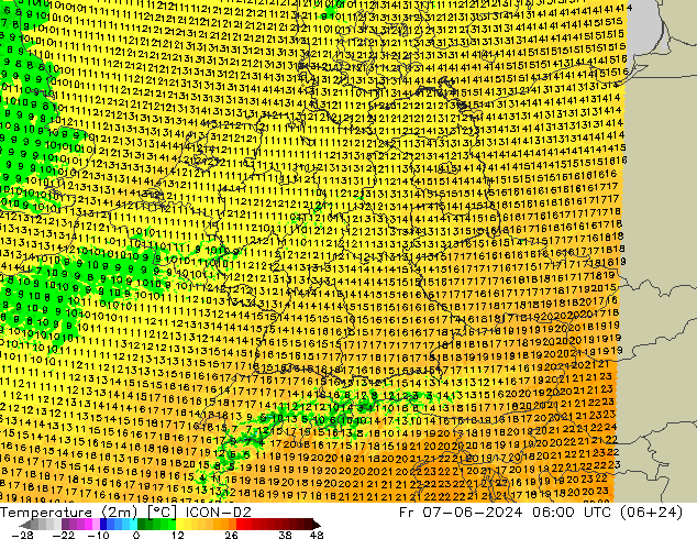 Temperatura (2m) ICON-D2 Sex 07.06.2024 06 UTC