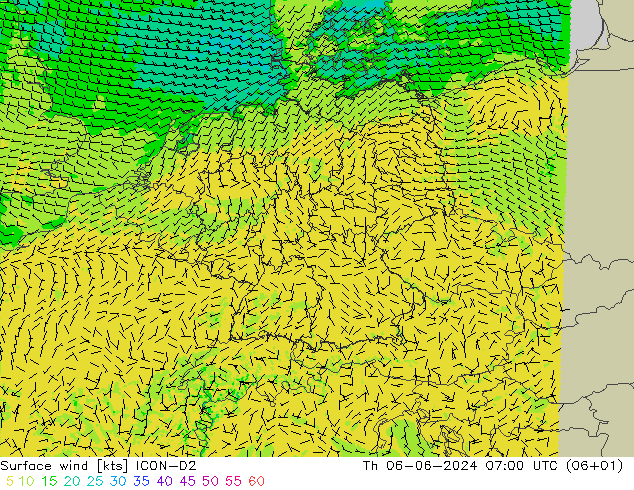 Surface wind ICON-D2 Th 06.06.2024 07 UTC