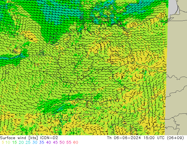 Wind 10 m ICON-D2 do 06.06.2024 15 UTC