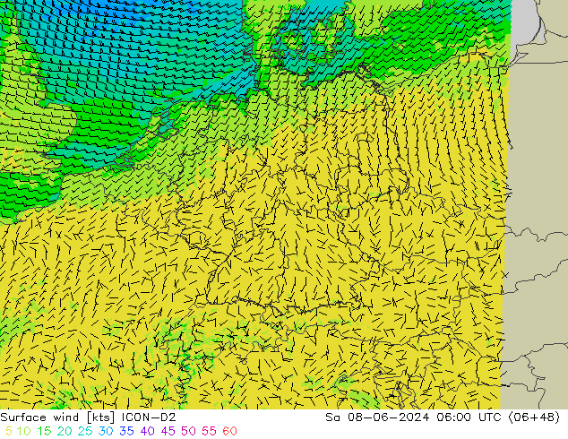 Surface wind ICON-D2 Sa 08.06.2024 06 UTC