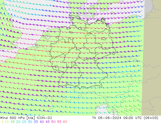 Wind 500 hPa ICON-D2 Th 06.06.2024 09 UTC