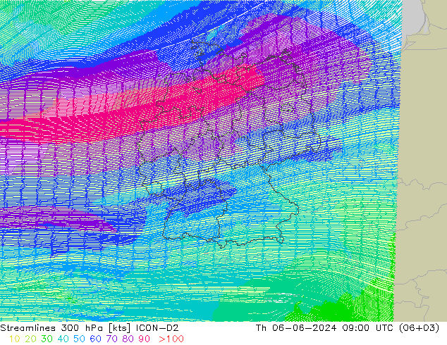 Stroomlijn 300 hPa ICON-D2 do 06.06.2024 09 UTC