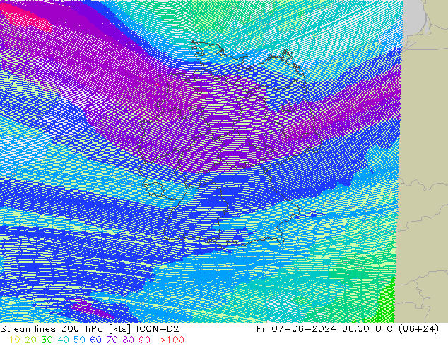 ветер 300 гПа ICON-D2 пт 07.06.2024 06 UTC