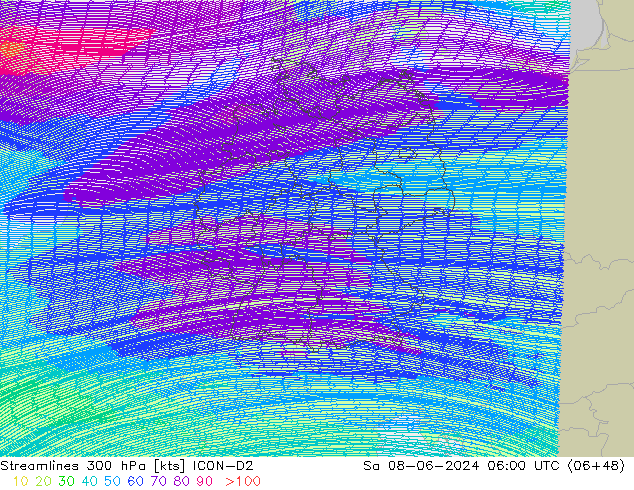 Linea di flusso 300 hPa ICON-D2 sab 08.06.2024 06 UTC