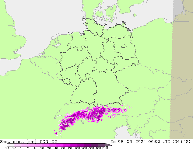 Snow accu. ICON-D2 sam 08.06.2024 06 UTC