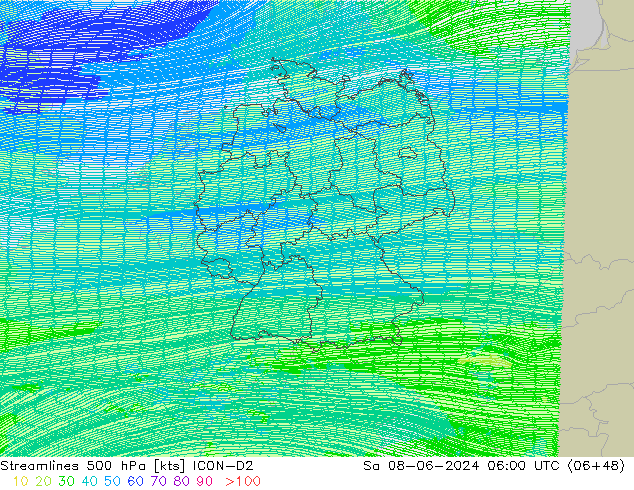Stroomlijn 500 hPa ICON-D2 za 08.06.2024 06 UTC