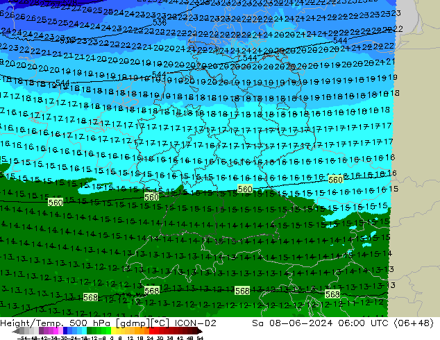 Height/Temp. 500 hPa ICON-D2 Sa 08.06.2024 06 UTC