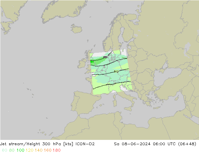 Jet stream ICON-D2 Sáb 08.06.2024 06 UTC