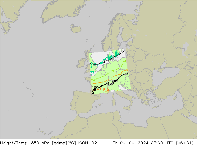 Geop./Temp. 850 hPa ICON-D2 jue 06.06.2024 07 UTC