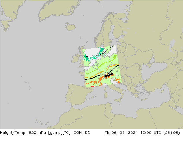 Height/Temp. 850 hPa ICON-D2 Qui 06.06.2024 12 UTC