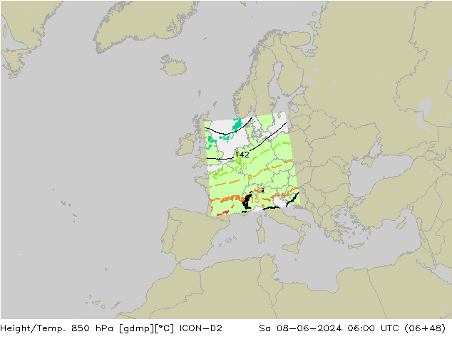 Height/Temp. 850 hPa ICON-D2 so. 08.06.2024 06 UTC