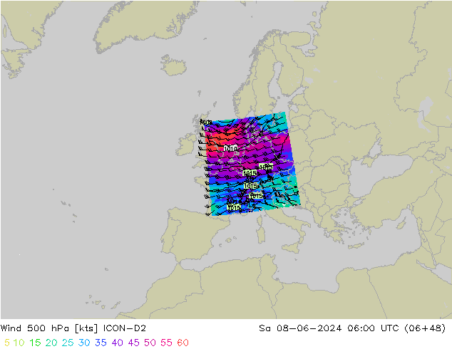 Wind 500 hPa ICON-D2 Sa 08.06.2024 06 UTC