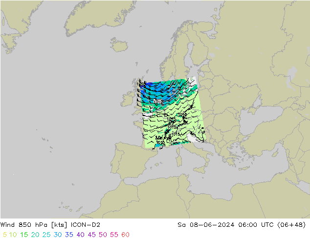 Wind 850 hPa ICON-D2 Sa 08.06.2024 06 UTC