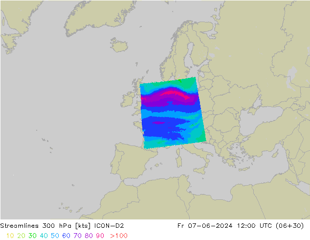 Línea de corriente 300 hPa ICON-D2 vie 07.06.2024 12 UTC