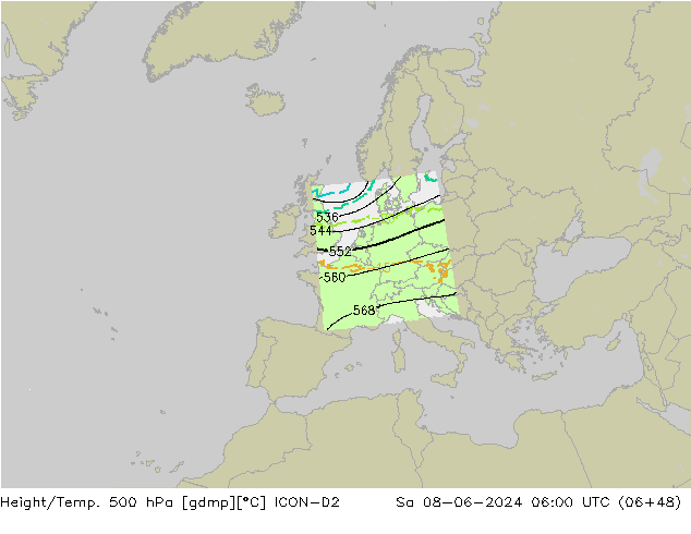 Height/Temp. 500 hPa ICON-D2 星期六 08.06.2024 06 UTC