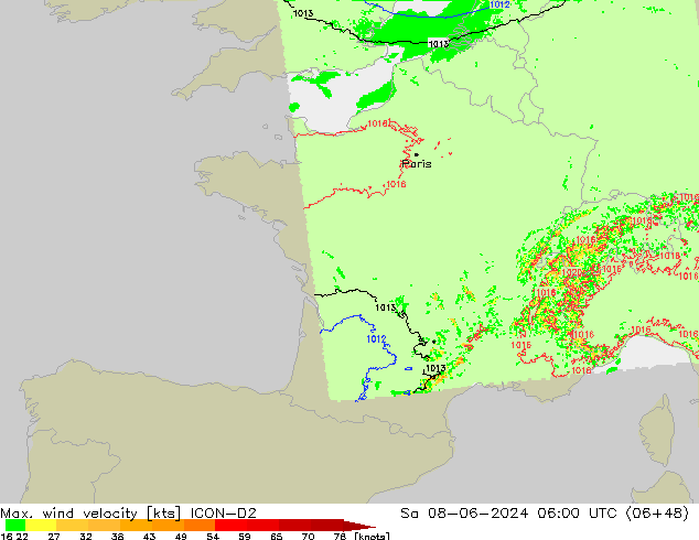 Max. wind velocity ICON-D2 Sa 08.06.2024 06 UTC