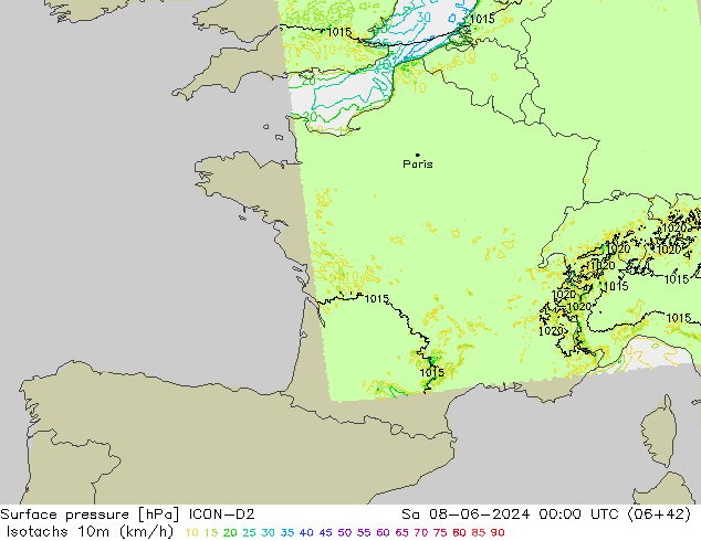 Isotaca (kph) ICON-D2 sáb 08.06.2024 00 UTC