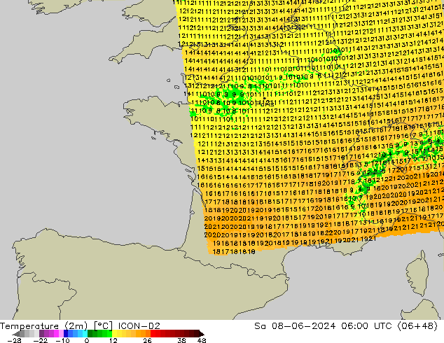 Temperatura (2m) ICON-D2 Sáb 08.06.2024 06 UTC