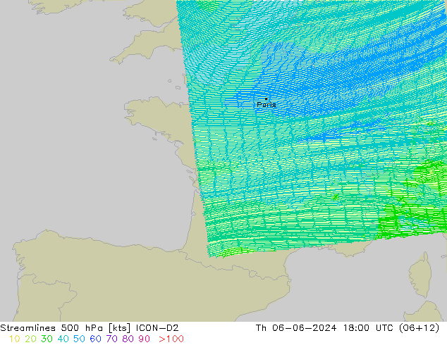 Línea de corriente 500 hPa ICON-D2 jue 06.06.2024 18 UTC