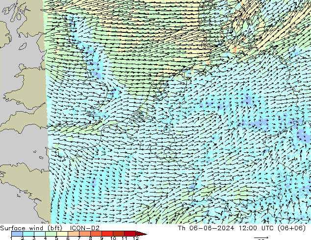 Vento 10 m (bft) ICON-D2 gio 06.06.2024 12 UTC