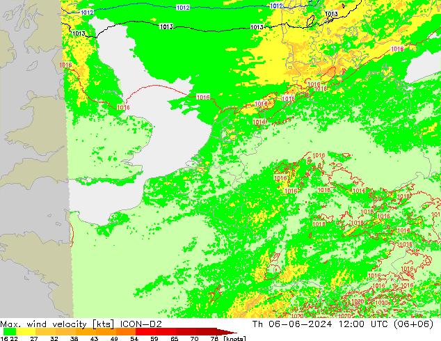 Max. wind velocity ICON-D2 星期四 06.06.2024 12 UTC