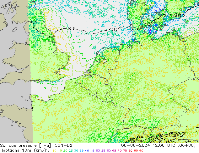 Isotachs (kph) ICON-D2 Qui 06.06.2024 12 UTC