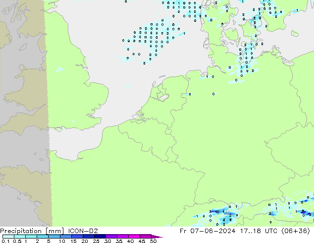 Srážky ICON-D2 Pá 07.06.2024 18 UTC