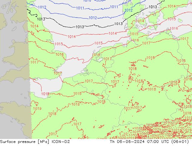 Surface pressure ICON-D2 Th 06.06.2024 07 UTC