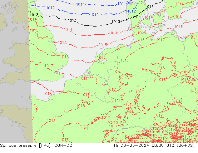 Surface pressure ICON-D2 Th 06.06.2024 08 UTC