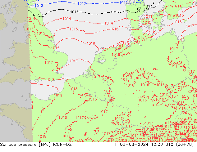 Presión superficial ICON-D2 jue 06.06.2024 12 UTC