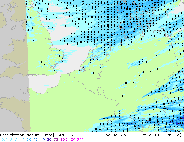 Precipitation accum. ICON-D2 сб 08.06.2024 06 UTC