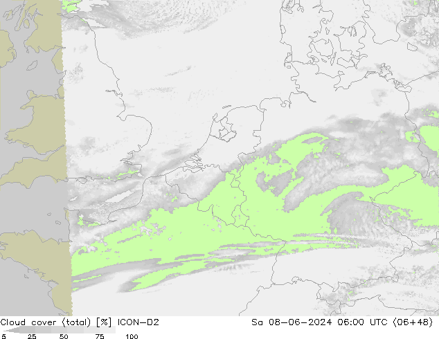 Bewolking (Totaal) ICON-D2 za 08.06.2024 06 UTC