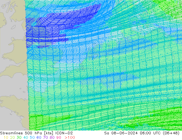 Stromlinien 500 hPa ICON-D2 Sa 08.06.2024 06 UTC