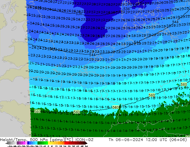 Height/Temp. 500 hPa ICON-D2 星期四 06.06.2024 12 UTC