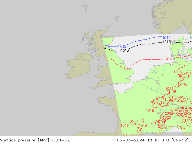 Presión superficial ICON-D2 jue 06.06.2024 18 UTC