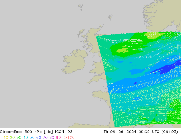 Linia prądu 500 hPa ICON-D2 czw. 06.06.2024 09 UTC