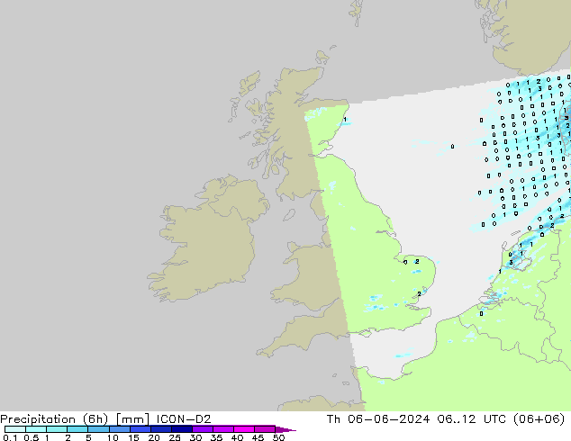 Precipitation (6h) ICON-D2 Čt 06.06.2024 12 UTC