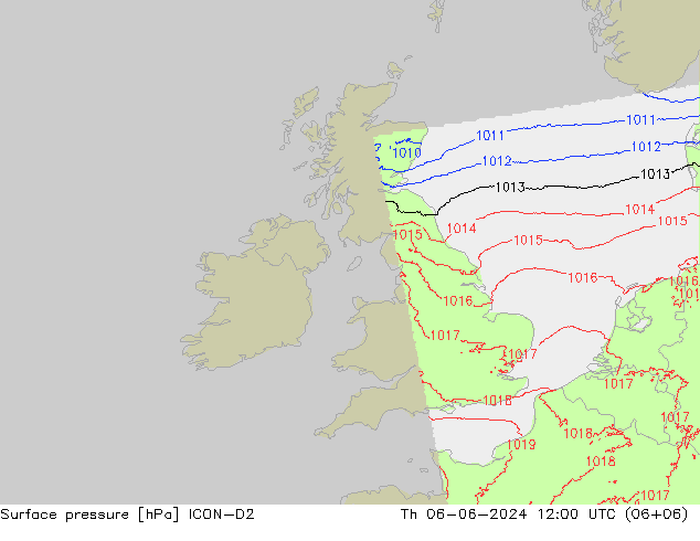 Pressione al suolo ICON-D2 gio 06.06.2024 12 UTC