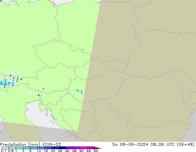 Srážky ICON-D2 So 08.06.2024 09 UTC