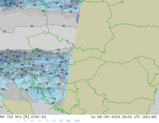 RH 700 гПа ICON-D2 сб 08.06.2024 09 UTC