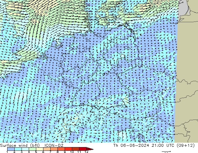 Surface wind (bft) ICON-D2 Th 06.06.2024 21 UTC