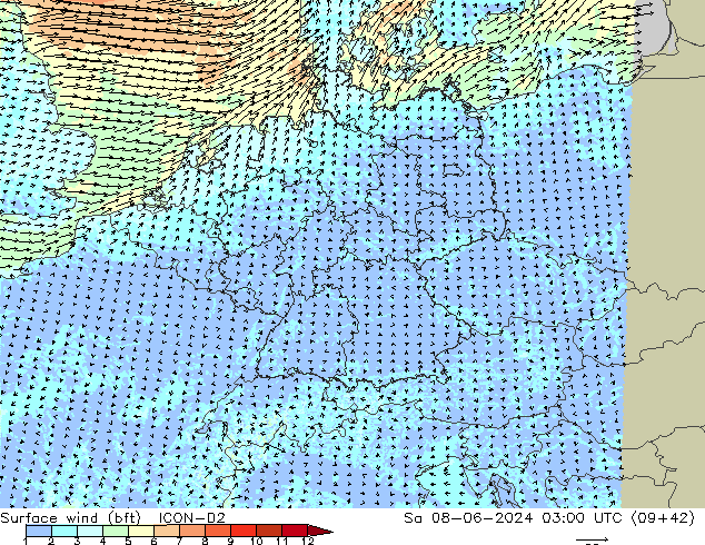 Vent 10 m (bft) ICON-D2 sam 08.06.2024 03 UTC