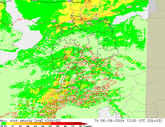 Max. wind velocity ICON-D2 gio 06.06.2024 12 UTC